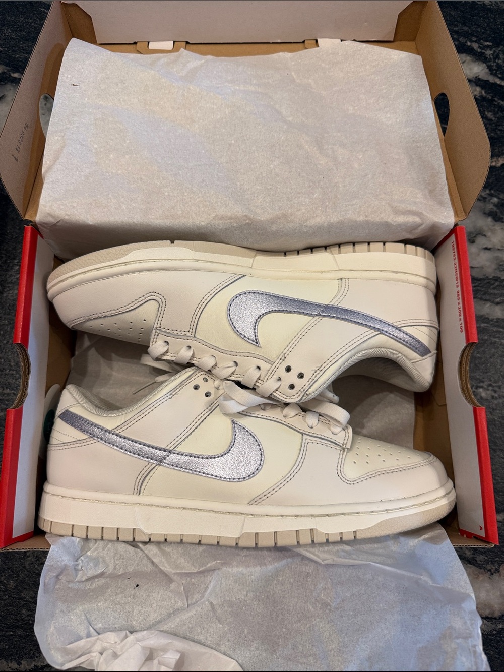 Nike Women’s Low-Top Sneakers in Cream with purple metallic Swoosh *never worn*